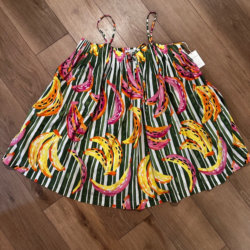 Free Assembly Striped Banana Mini Dress Green Iris Pink Cotton L 12-14 NEW